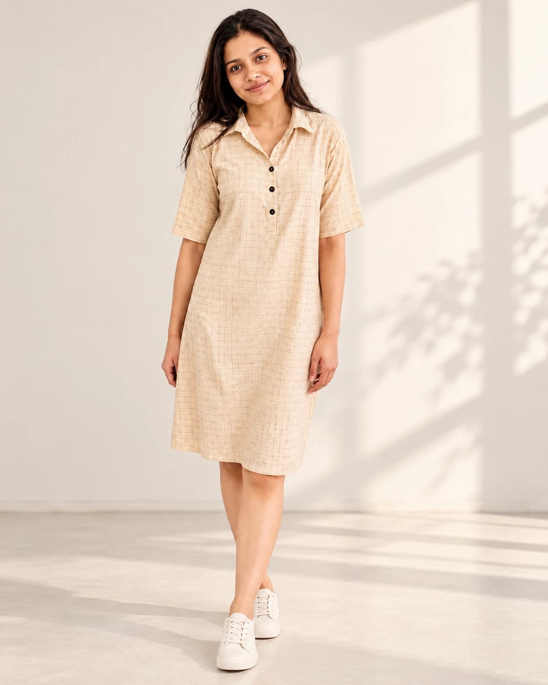 Beige Check Collared Dress front studio view