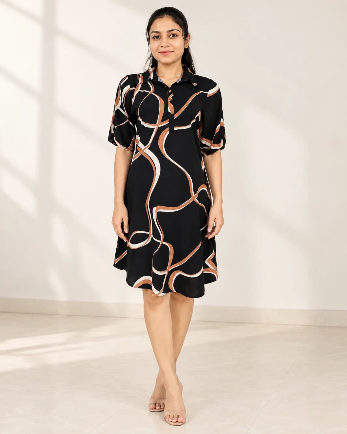 Black Abstract Print Dress front studio view