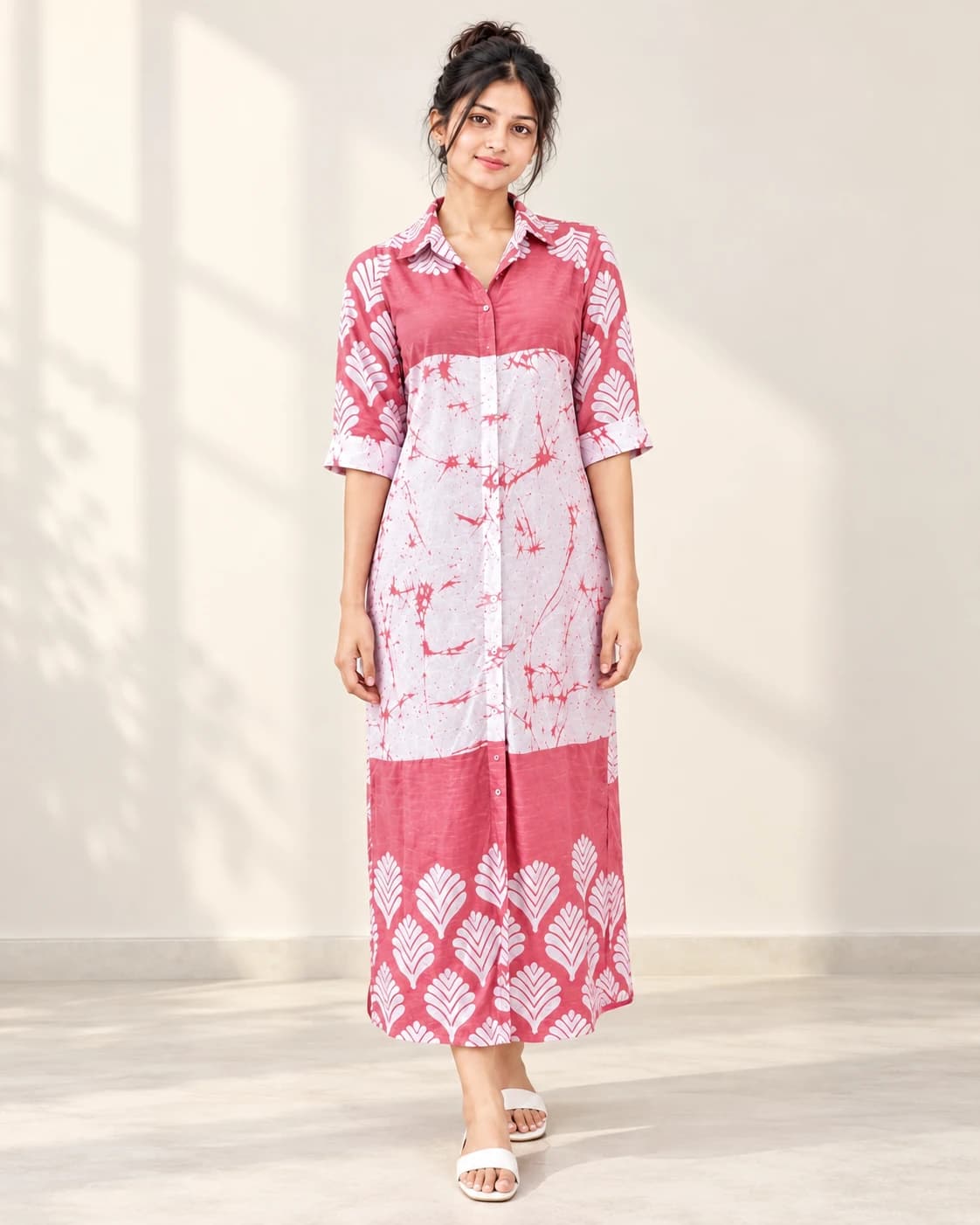 Color-Block Leaf Print Dress front studio view