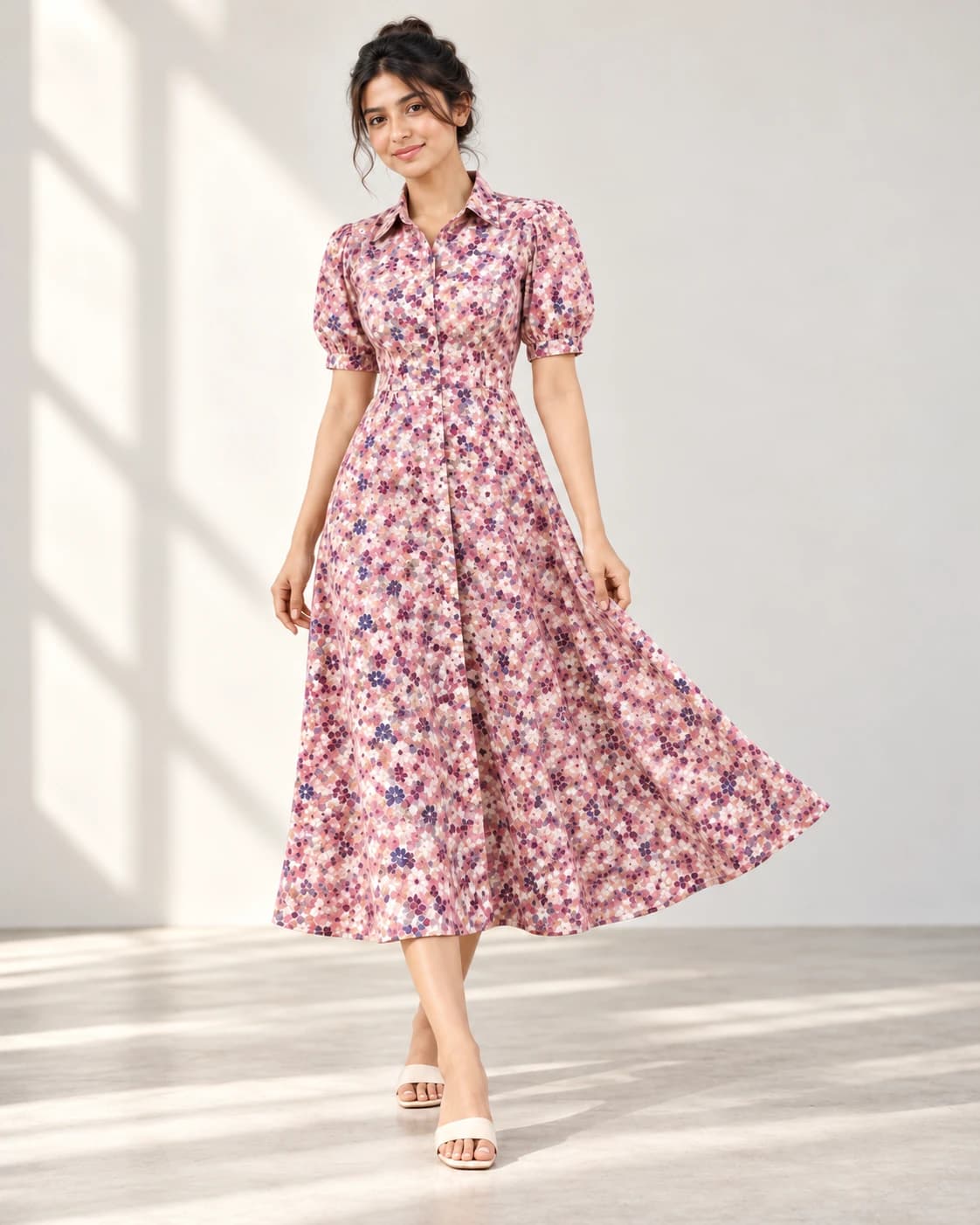R Lee pink floral collared midi dress
