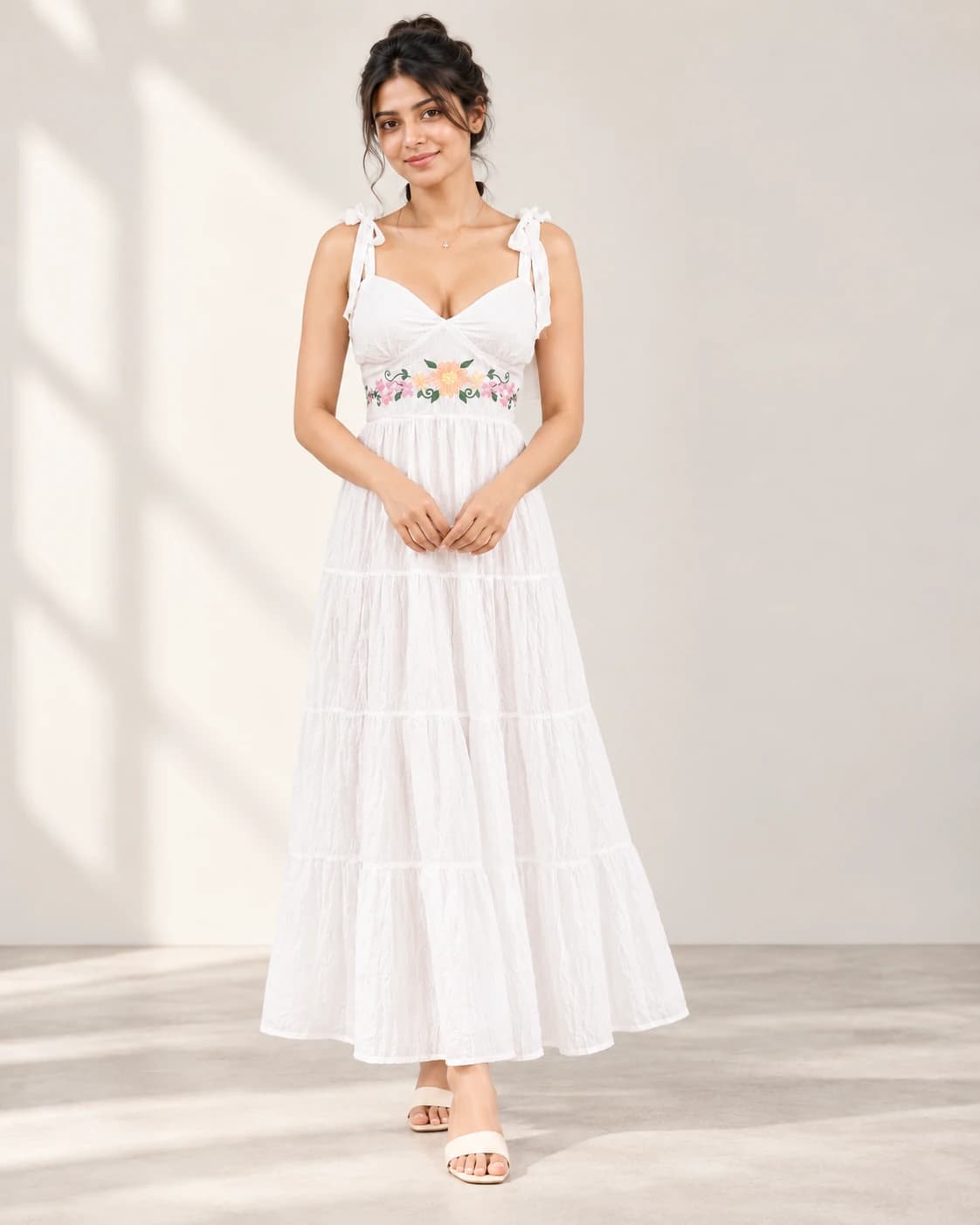 White Floral Tie-Strap Maxi Dress front studio view